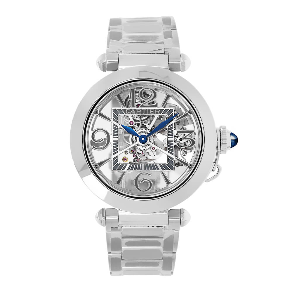 Cartier Pasha Timepiece with 41 mm Stainless Steel Case, Round Skeleton Dial, Arabic Numerals, and Screw-down Crown.