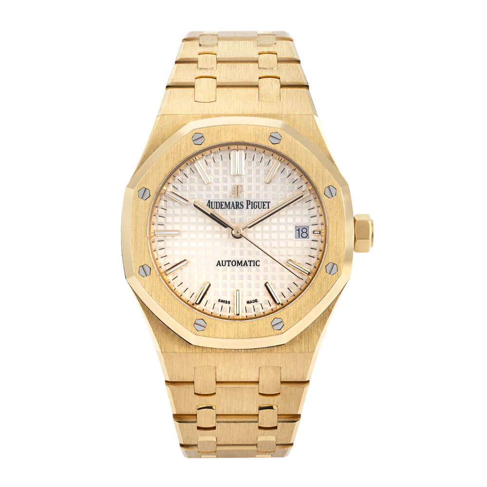 Audemars Piguet Royal Oak Luxury Timepiece with 18K Yellow Gold 37 mm Case, Fixed Bezel, White Dial, Index Hour Markers, and Date Function.