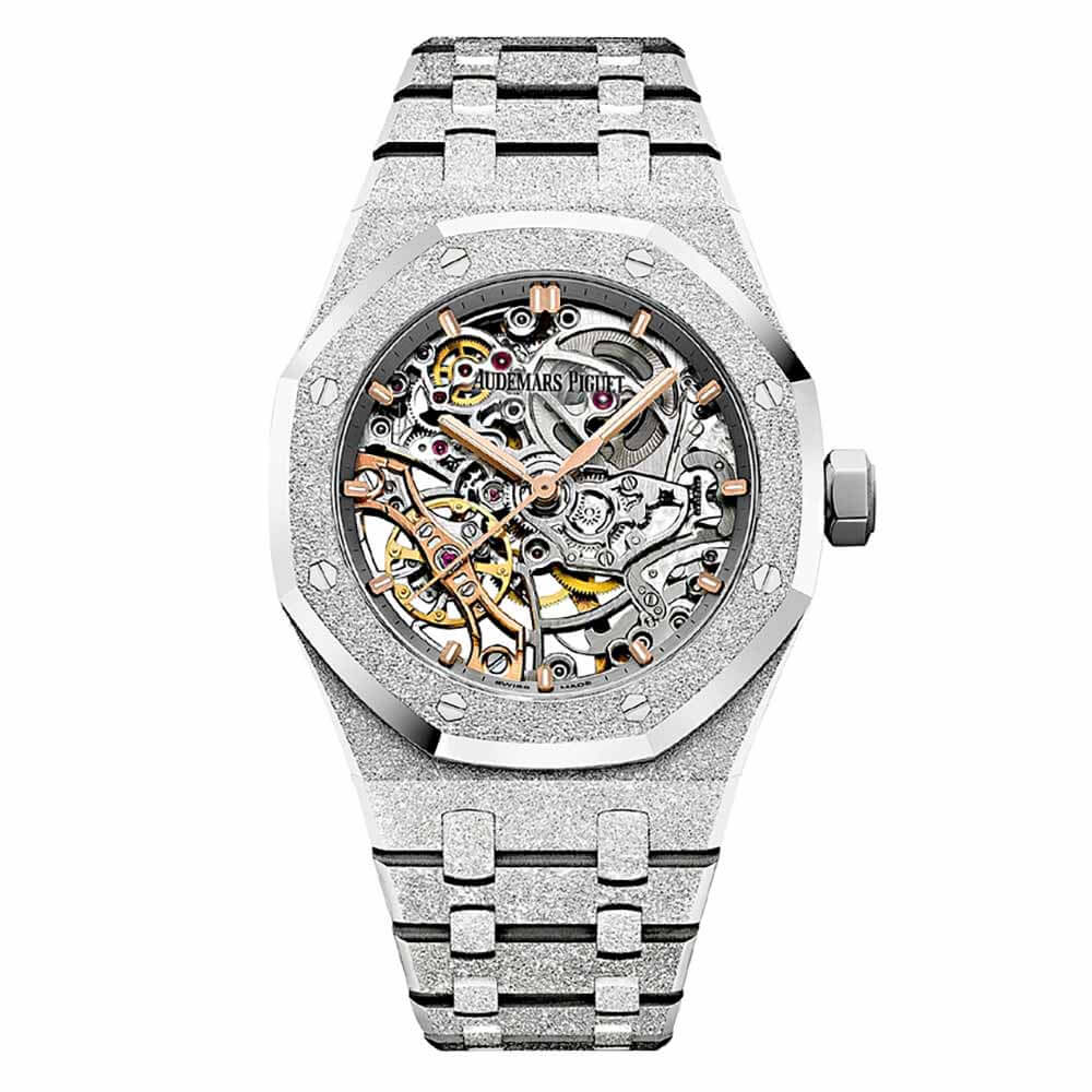 37 mm 18K Frosted White Gold Audemars Piguet Royal Oak with Double Balance Wheel, Openworked Dial, and No Markers.