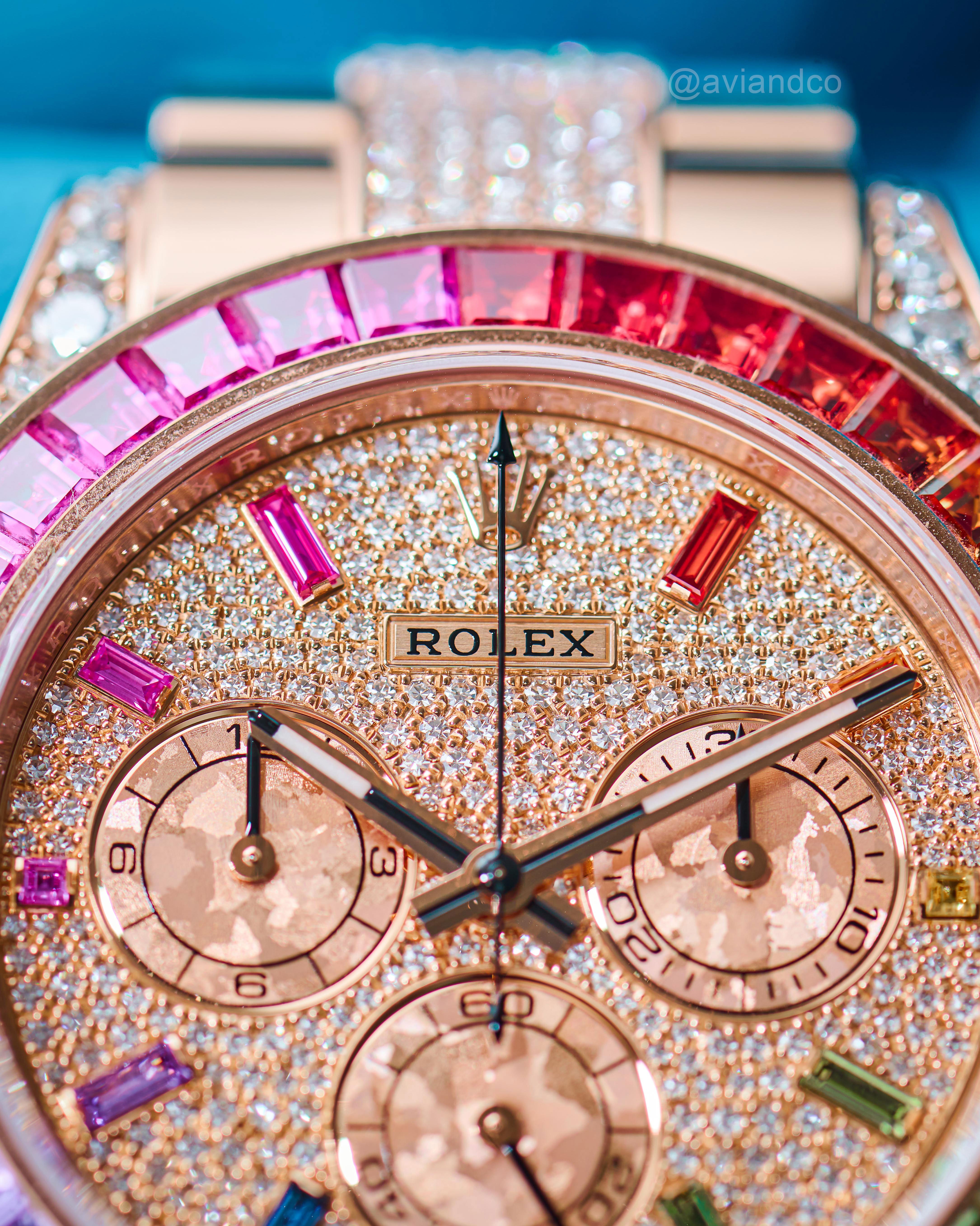 40 mm 18K Everose Gold Rare Watch with Diamond Pave Rainbow Bezel and Diamond Pave Dial.