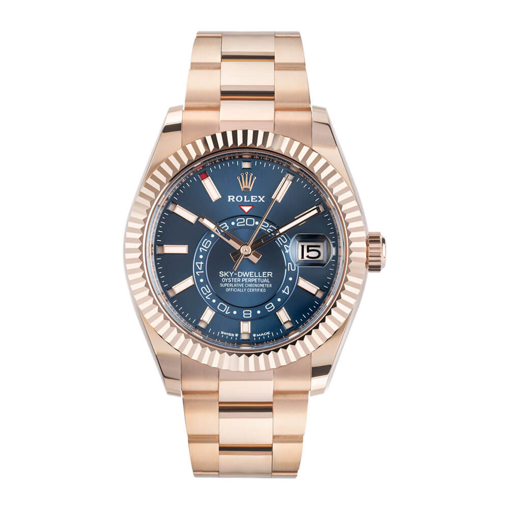 Sky-Dwellers are Fantastic Winter Timepieces. Pictured: Rolex Watch with 18K Rose Gold 43 mm Case, Fluted Bezel, Blue Dial, Index Hour Markers, Dual Time and Date Functions, and Screw-down Crown.