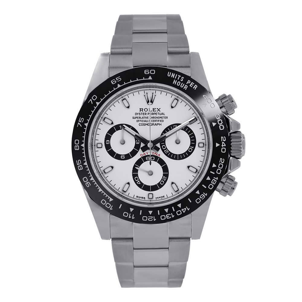 40 mm Stainless Steel Rolex Daytona with Panda White Dial, Index Hour Markers, Chronograph Feature, Screw-down Caseback, and a Winding Crown.