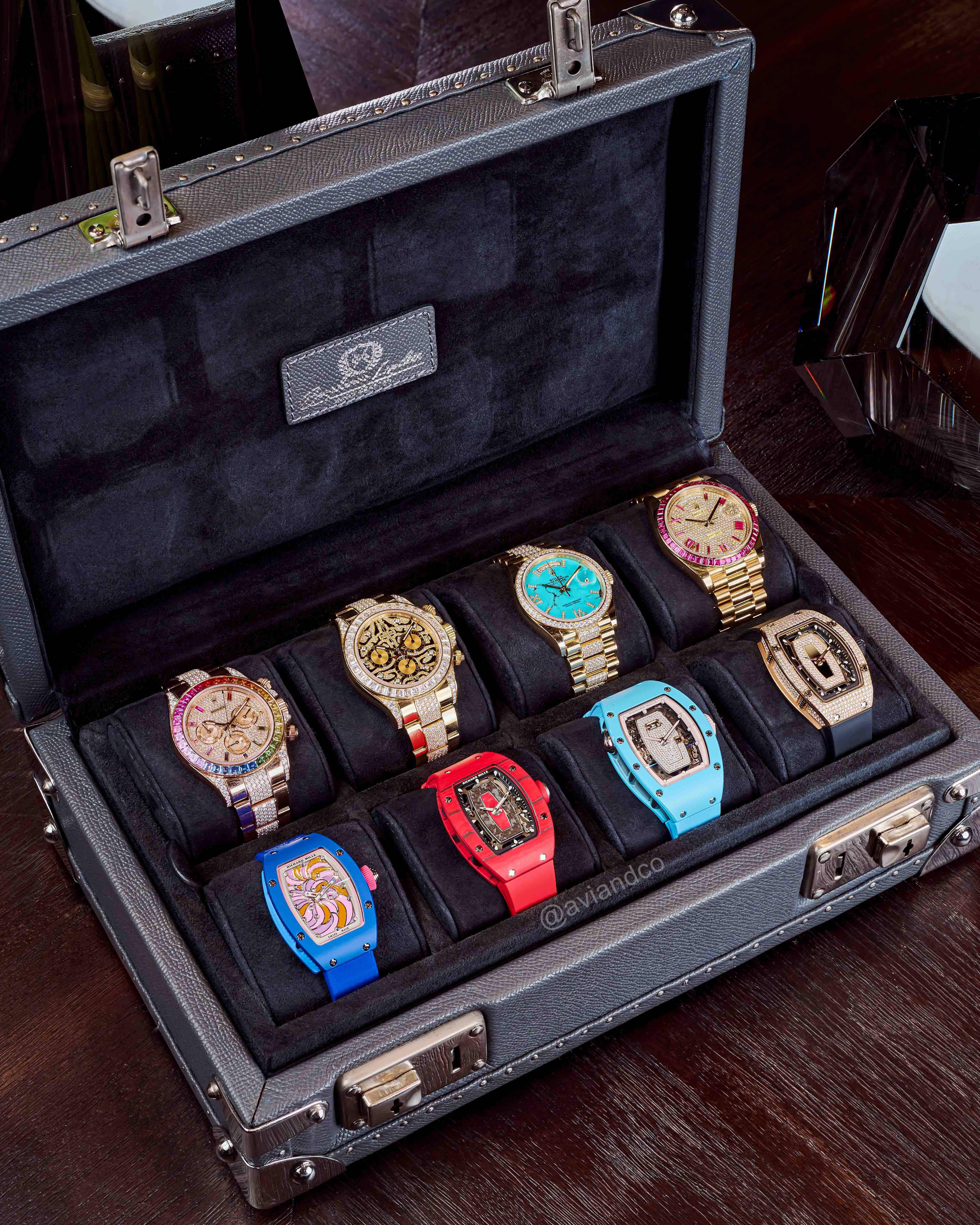 Top: 4 Diamond-Pave Rolex Watches. Bottom: 4 Limited Edition Richard Mille Smaller Case Sizes.