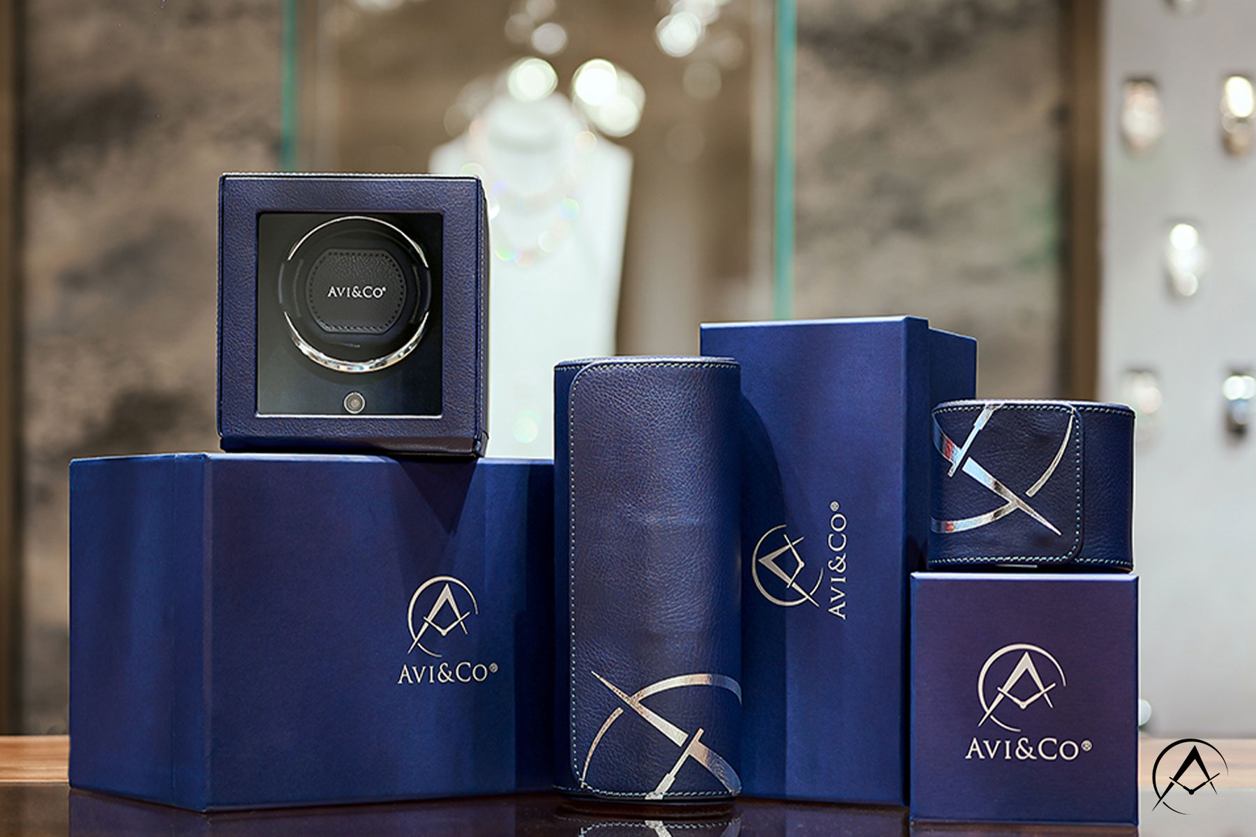 Navy Blue Watch Winder, Triple Watch Roll, and Single Watch Roll.