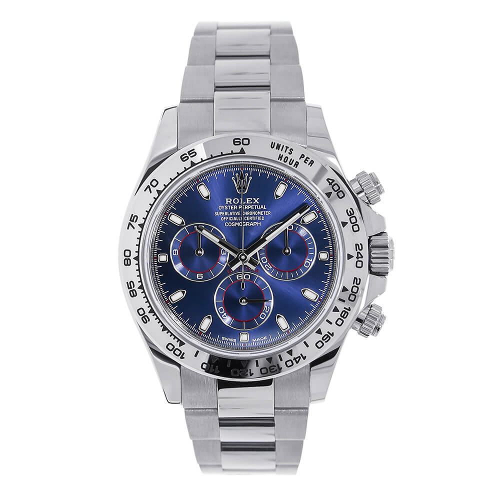 40 mm 18K White Gold Rolex Daytona with Blue Index Dial, Automatic Movement, and Chronograph Function.