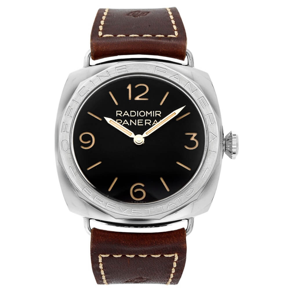 Panerai Radiomir Luxury Timepiece with 47 mm Stainless Steel Case, Black Dial, and Brown Leather Bracelet.
