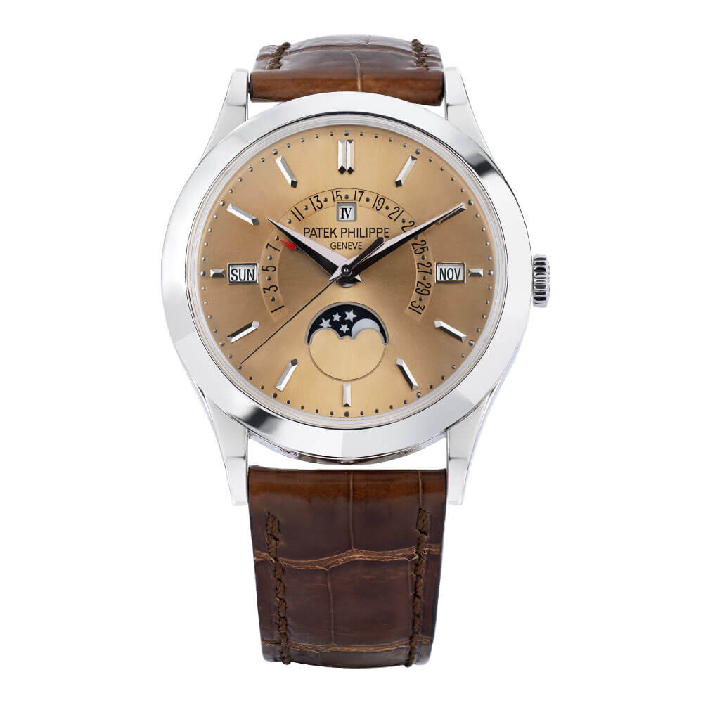 Patek Philippe Grand Complications Luxury Timepiece with Platinum 39.5 mm Case, Platinum Bezel, Brown Dial, Index Hour Markers, Leather Bracelet, Perpetual Calendar, Date Function, and Moon Phase.