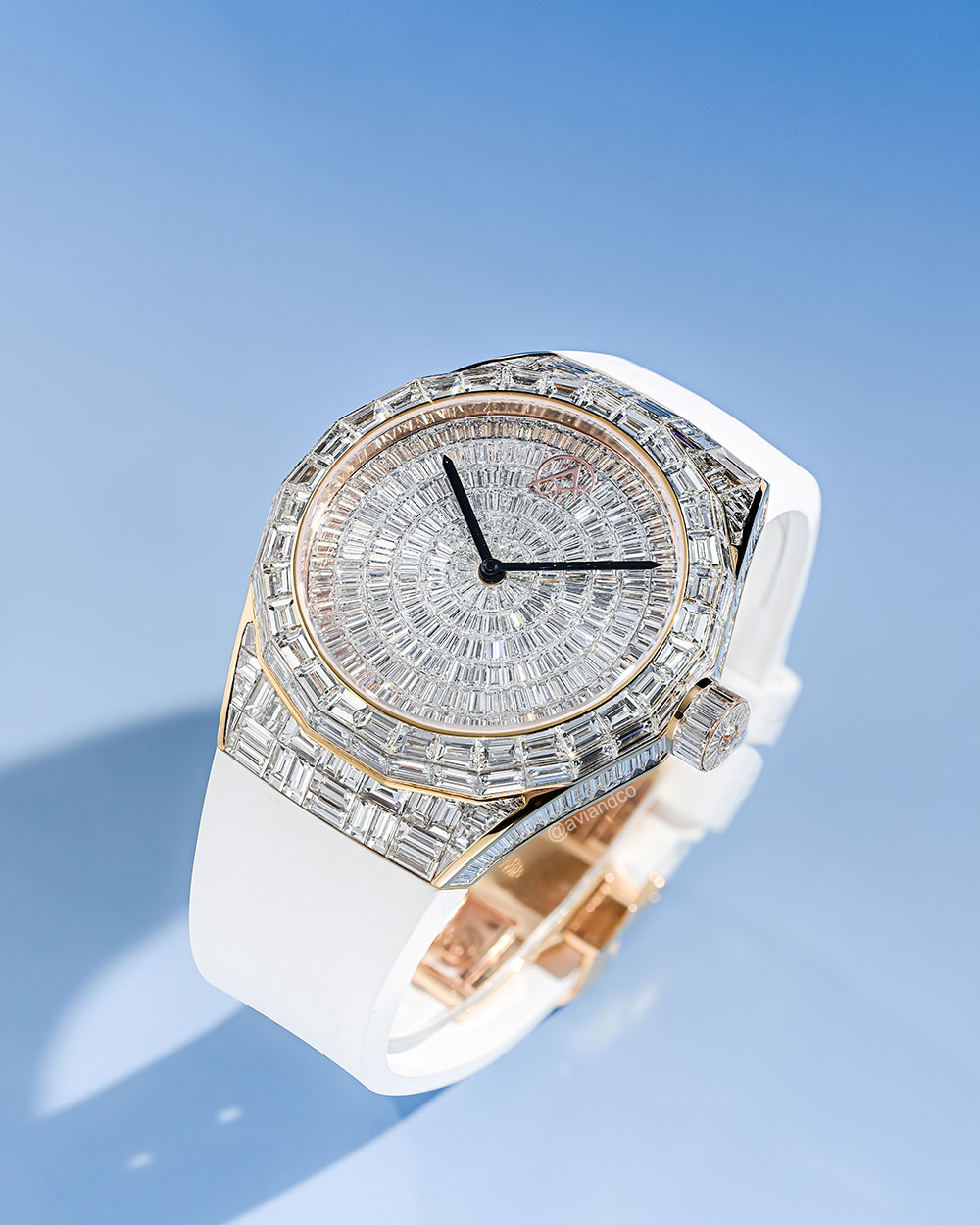 Avi & Co. Iced Collection: Color in Motion, 18K Rose Gold, White Strap, 37 mm