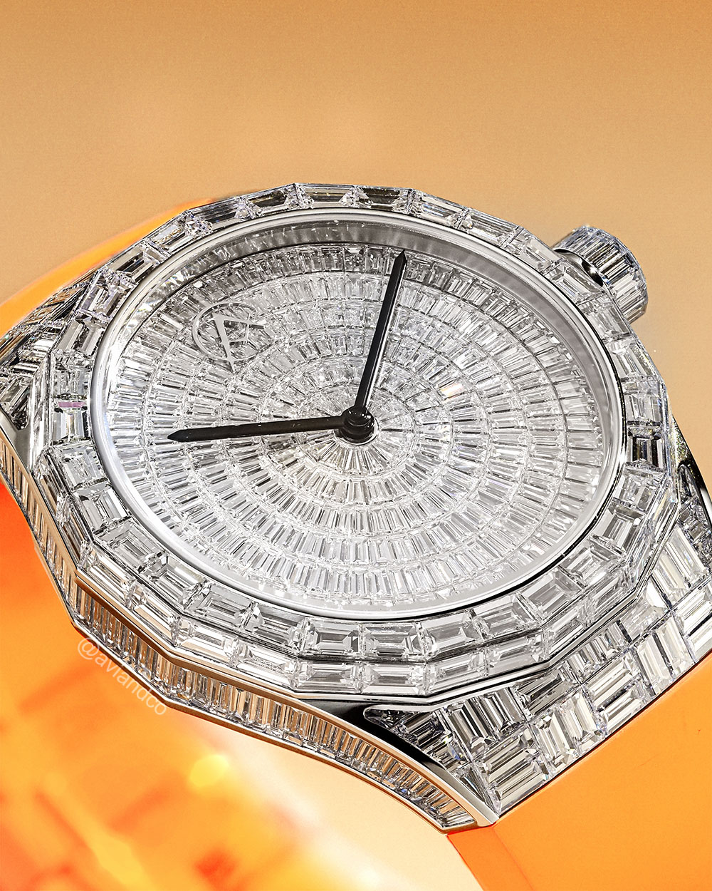 Avi & Co. Iced Collection “Color in Motion” Orange Strap, 18K White Gold, 44 mm