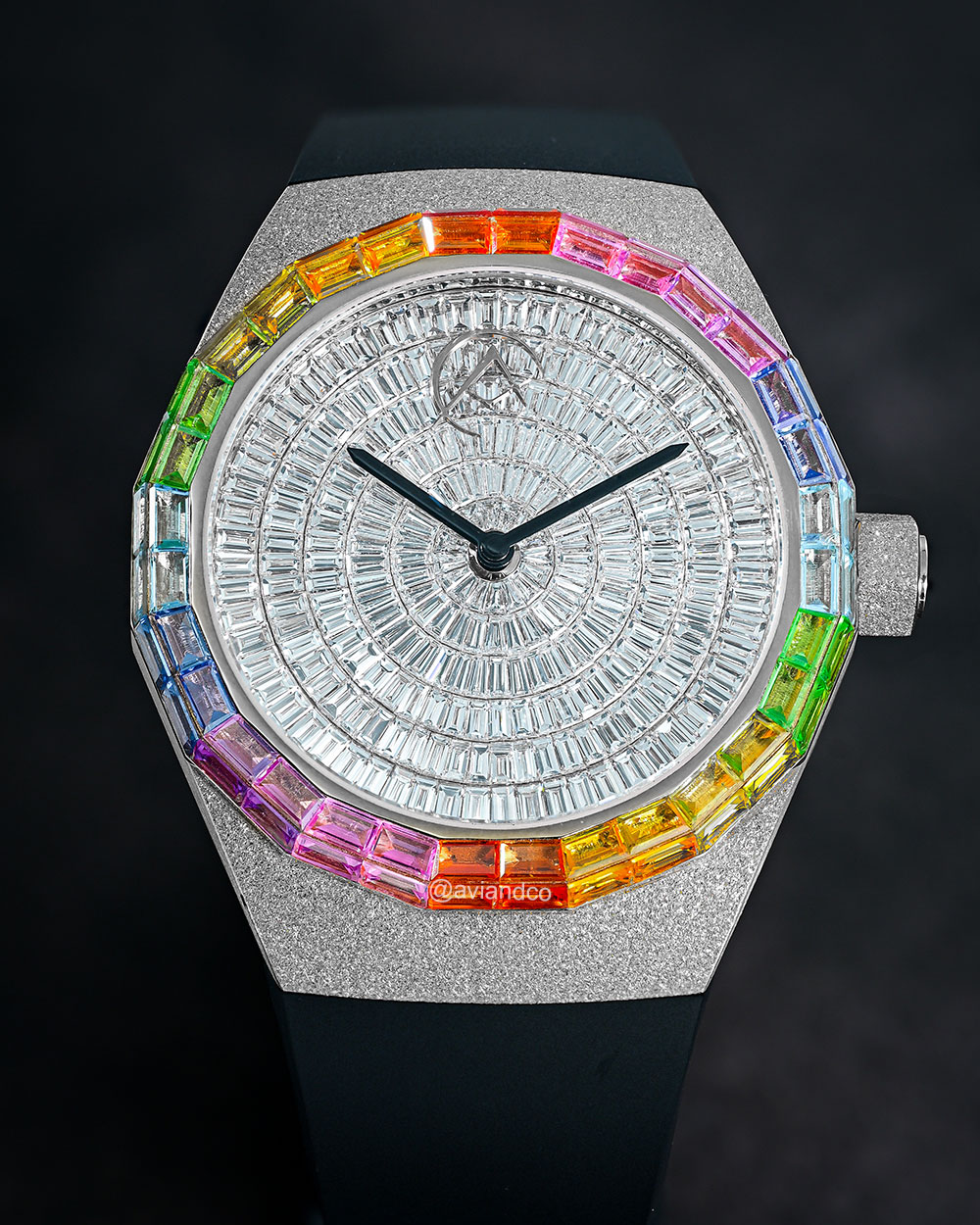 Avi & Co. Frosted Rainbow Watch, 18K White Gold, Black Color in Motion Strap, 44 mm