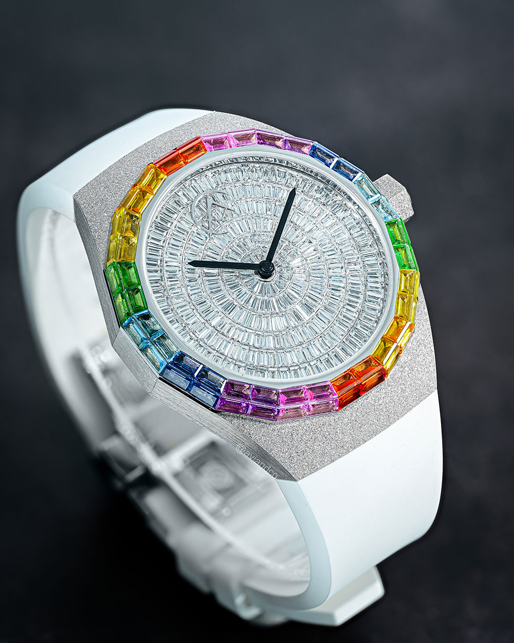 Avi & Co. Frosted Rainbow Watch, 18K White Gold, White Color in Motion Strap, 44 mm