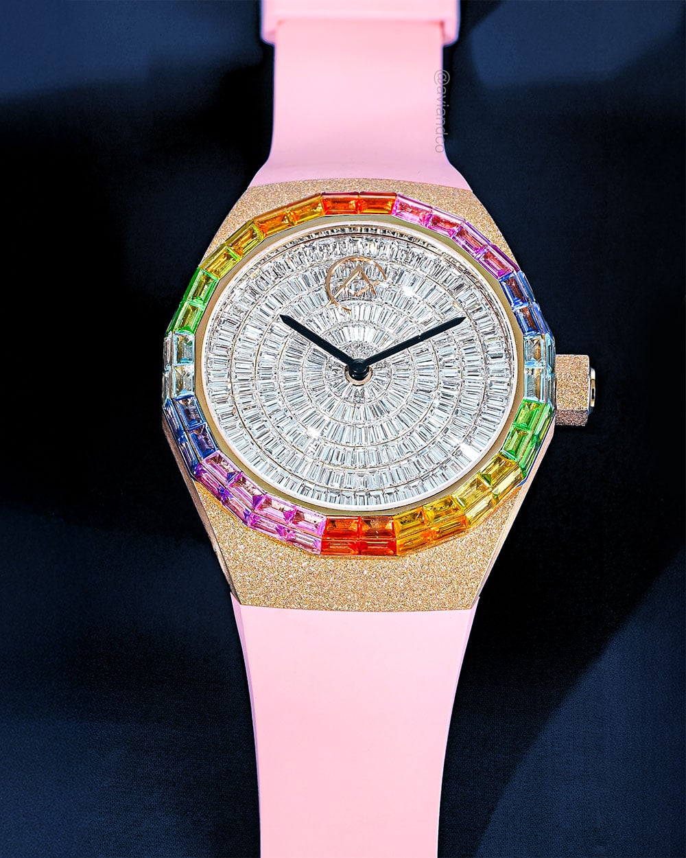 Avi & Co. Frosted Rainbow Watch, 18K Rose Gold, Pink Rubber Strap, 44 mm