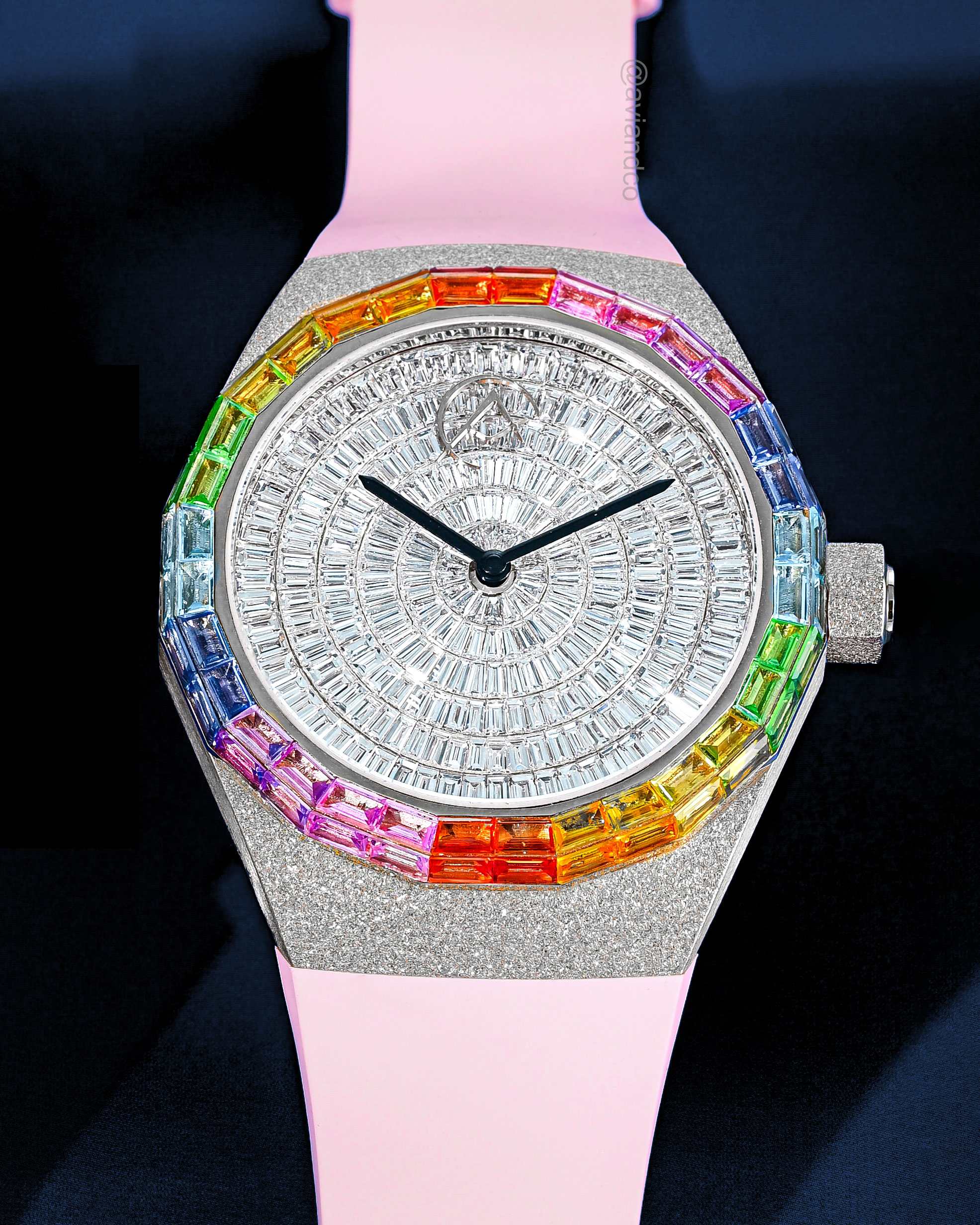 Avi & Co. Frosted Rainbow Watch, 18K White Gold, Pink Color in Motion Strap, 44 mm