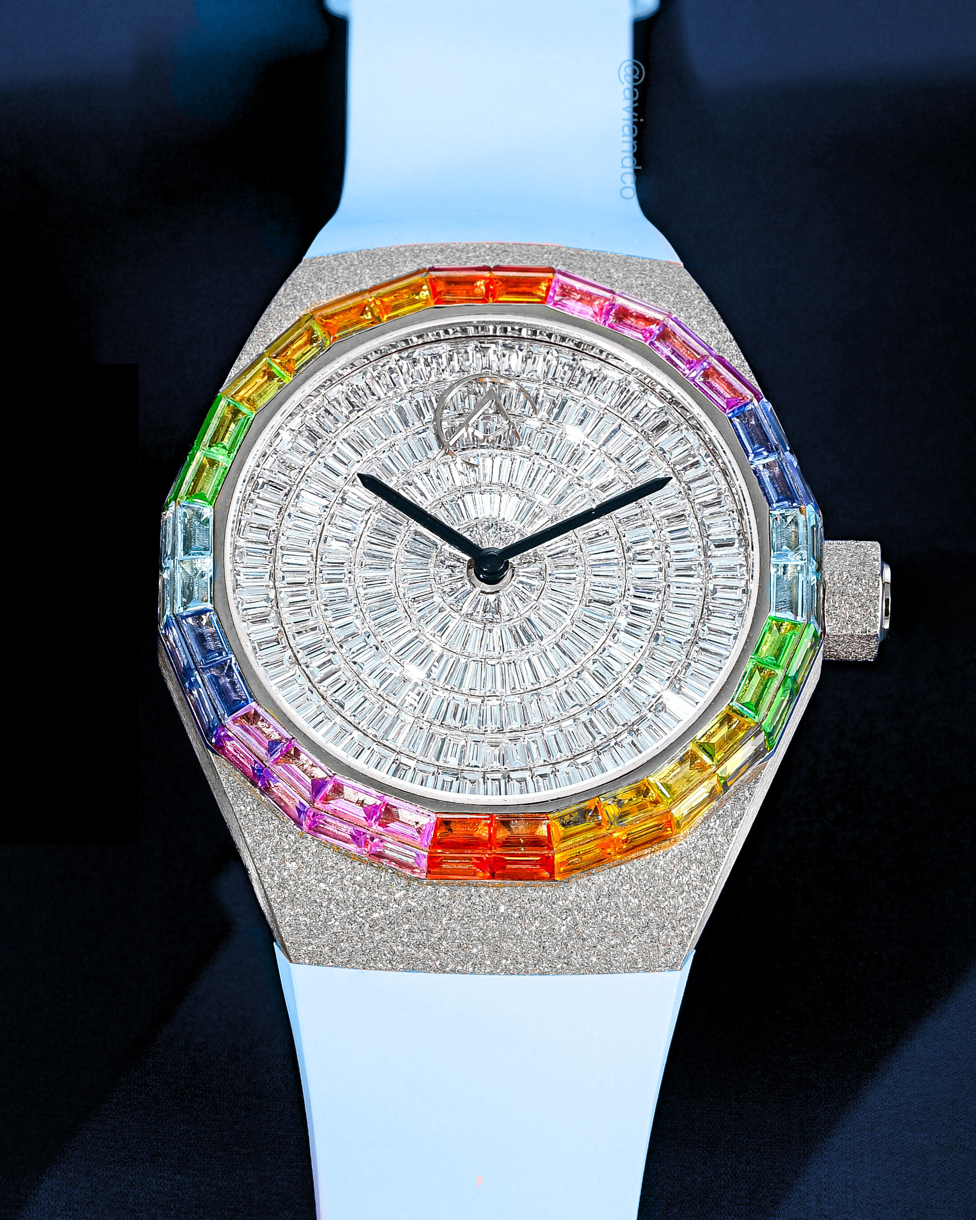 Avi & Co. Frosted Rainbow Watch, 18K White Gold, Blue Color in Motion Strap, 44 mm
