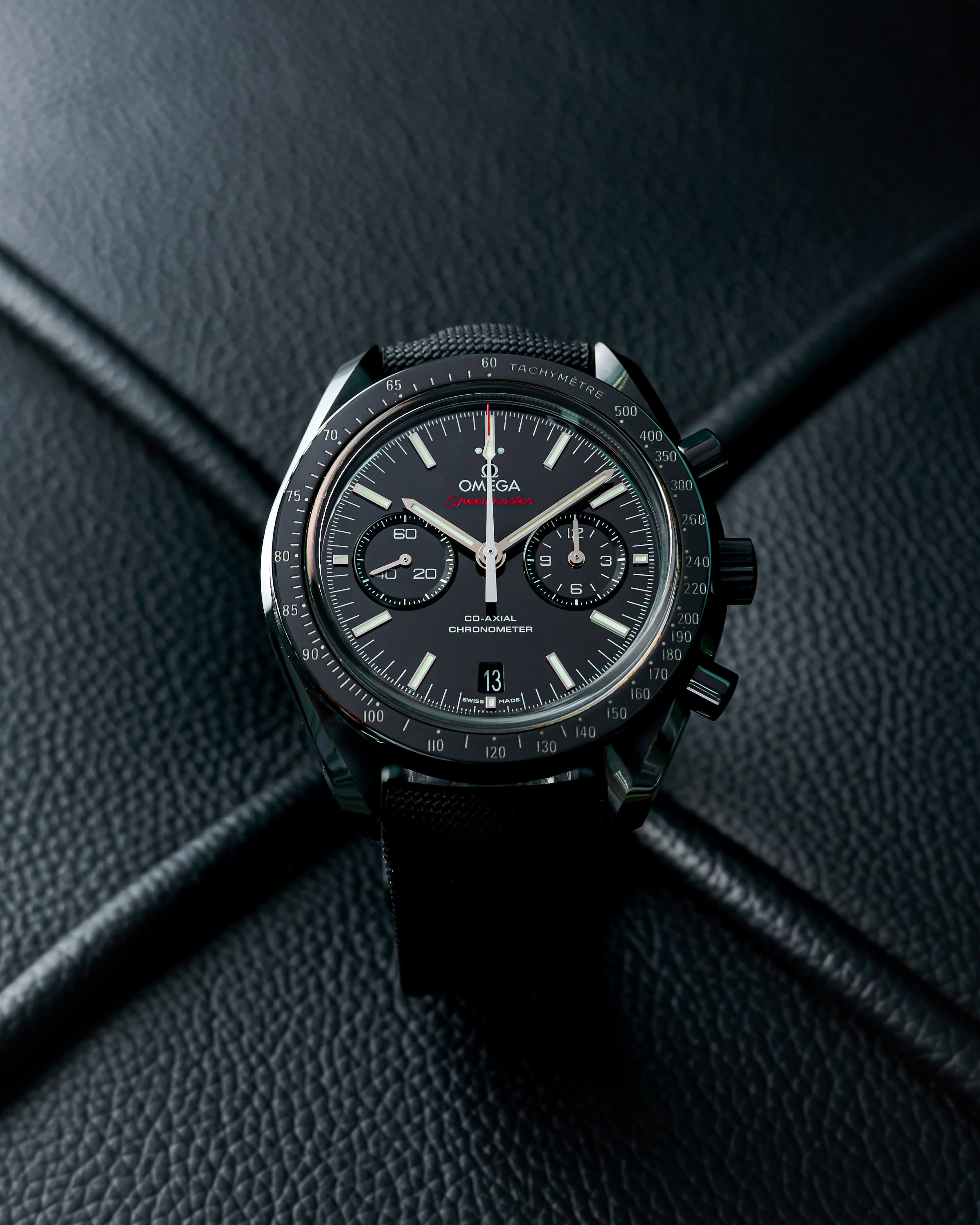 Black Dial with Two Subdials, Black Case, Black Leather Strap Timepiece on a Black Leather Background.