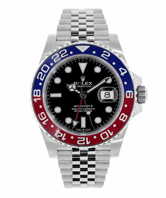 Rolex GMT-Master II ‘Pepsi Luxury 40 mm Stainless Steel Timepiece with Black Dial, Index Hour Markers, Red and Blue Bezel, Date Function, and Jubilee Bracelet Great for a Holiday Gift.