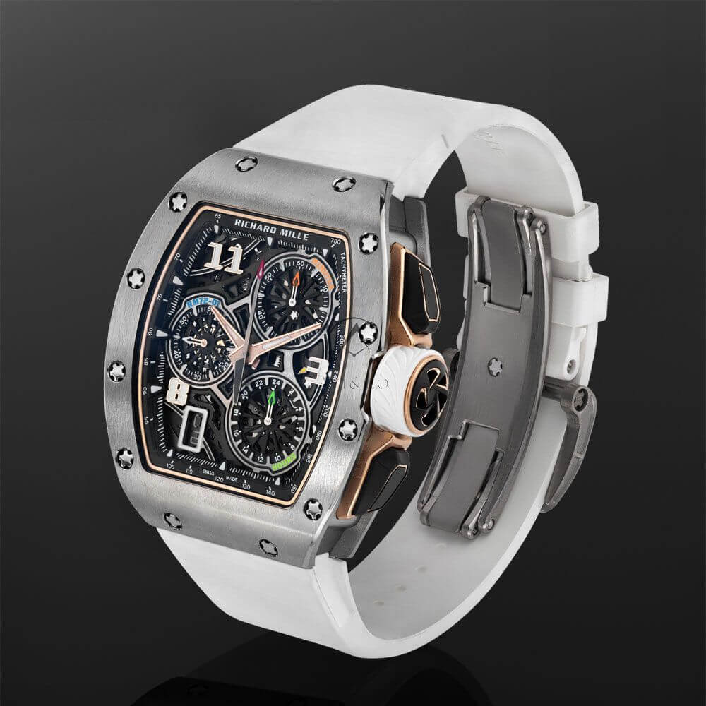 Richard Mille Timepiece with 38 mm Titanium Case with White Rubber Strap Displayed on a Black Background.