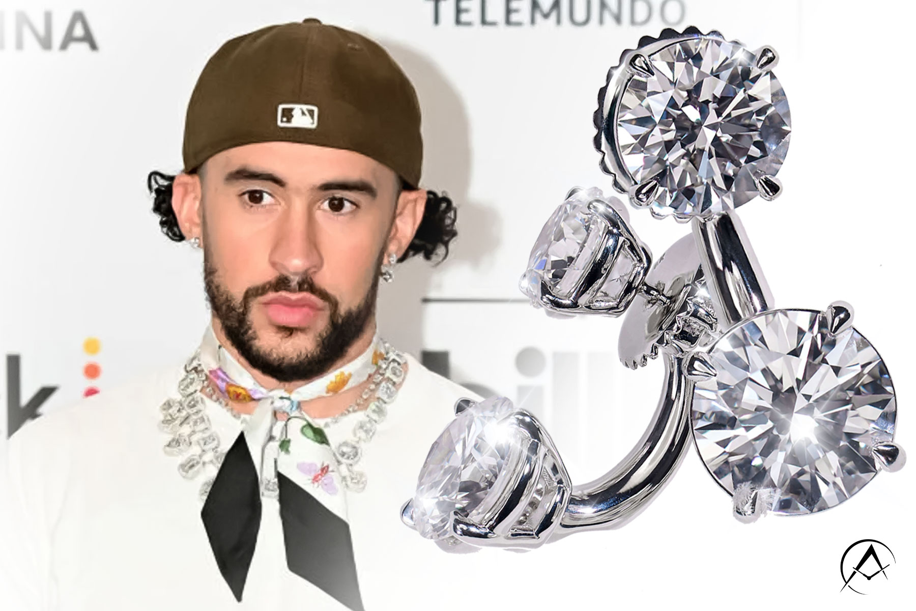 Legendary Celebrity and Singer Bad Bunny Wore These Two-Tiered Earrings to the 2023 Latin Music Billboard Awards. They are Displayed on a White Background.