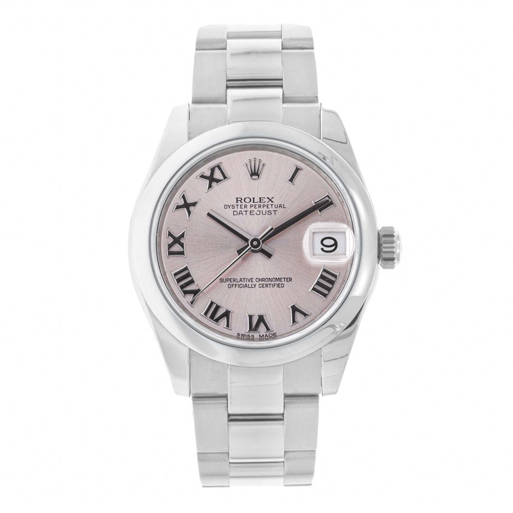 Rolex Lady-Datejust Luxury Timepiece with 31 mm Stainless Steel Case, Pink Roman Dial, Date Function, Smooth Bezel, and Great Holiday Gift.