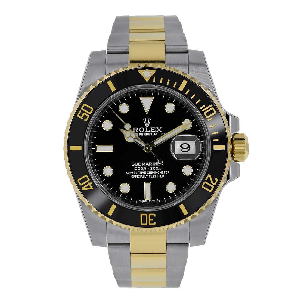 Stainless Steel and 18K Yellow Gold Rolex Submariner Timepiece with Black Index Dial on a White Background.