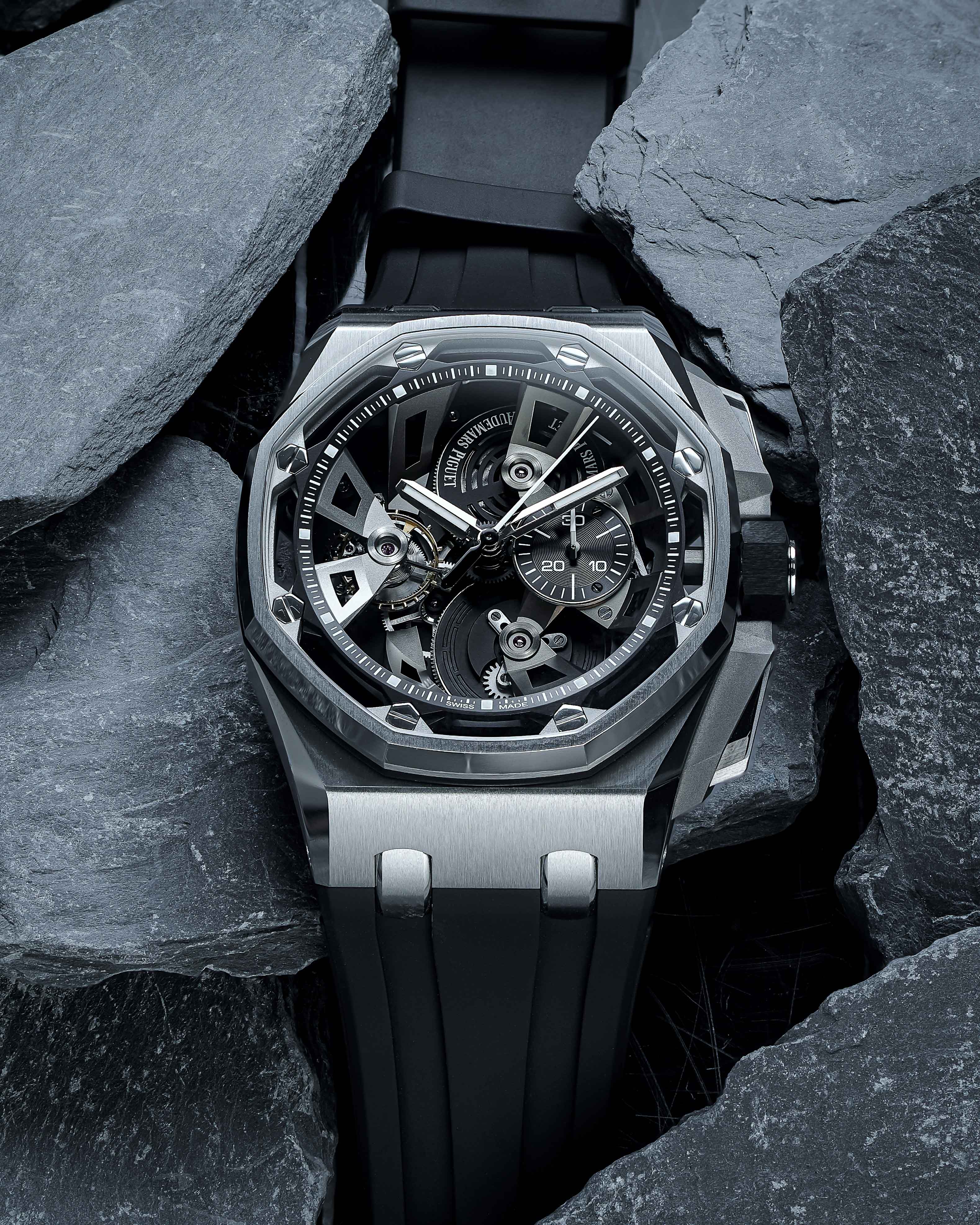 Stainless Steel Audemars Piguet Royal Oak Offshore Tourbillon Chronograph with 45 mm Case, Skeleton Dial, and Black Rubber Bracelet.