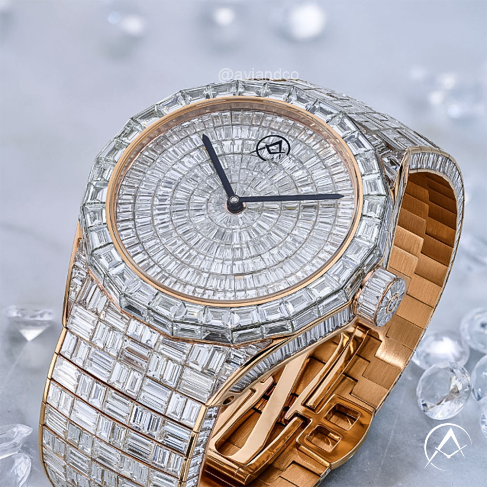 Diamond-Pave Timepiece with 120.55 Carrots and an Automatic Movement Displayed on a C-Ring on a White Background with Diamonds.