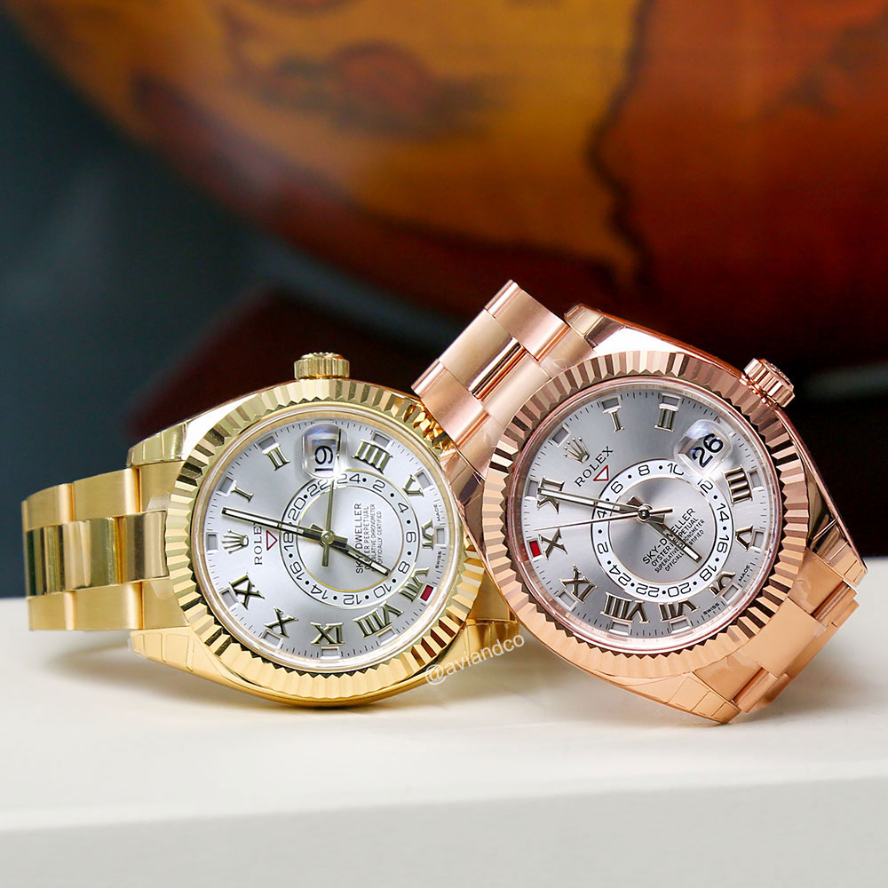 Rolex Sky-Dweller, 18K Rose Gold, Sundust Roman Dial, Oyster Bracelet