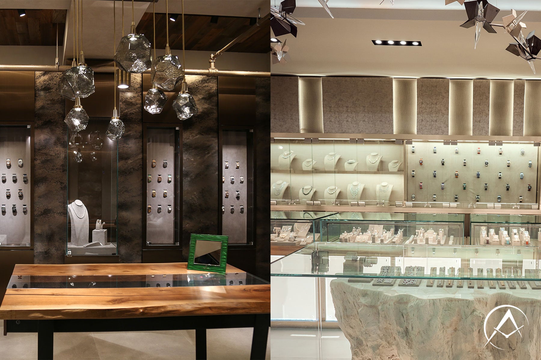 On Left: Avi & Co.’s New York City High-End Showroom. On Right: Avi & Co.’s Miami Boutique. Both Display Rare Luxury Timepieces and Custom Diamond Jewelry.