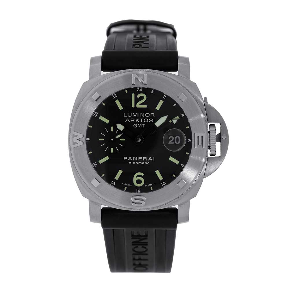 Limited Edition Panerai Luminor Submersible Arktos Watch with 44 mm Stainless Steel Case, Black Dial, GMT Function, and Black Rubber Bracelet.