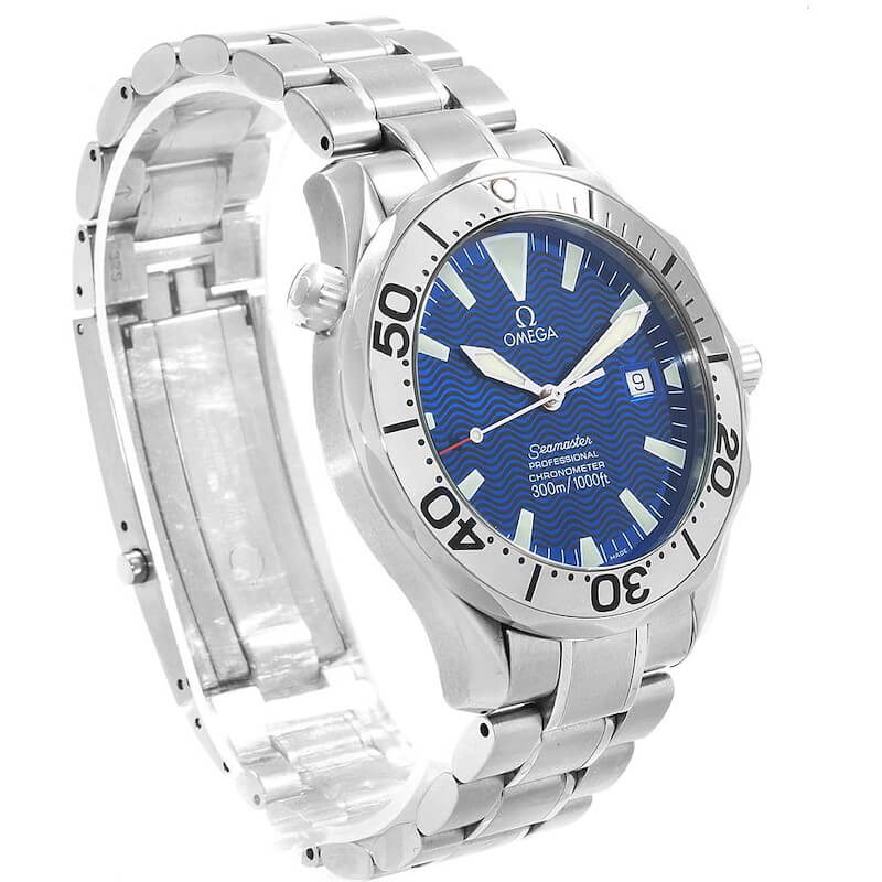 Blue Dial, Stainless Steel Case, and Bracelet Timepiece Displayed on a C-Ring with a White Background.