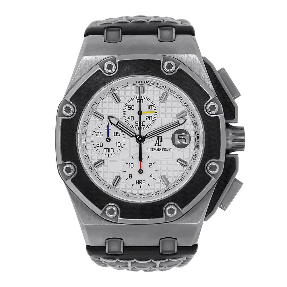 Limited Edition Audemars Piguet Royal Oak Offshore 45 mm Titanium Watch, Juan Pablo Montoya Edition with White Dial, Leather Bracelet, Carbon Bezel, and Chronograph Function.
