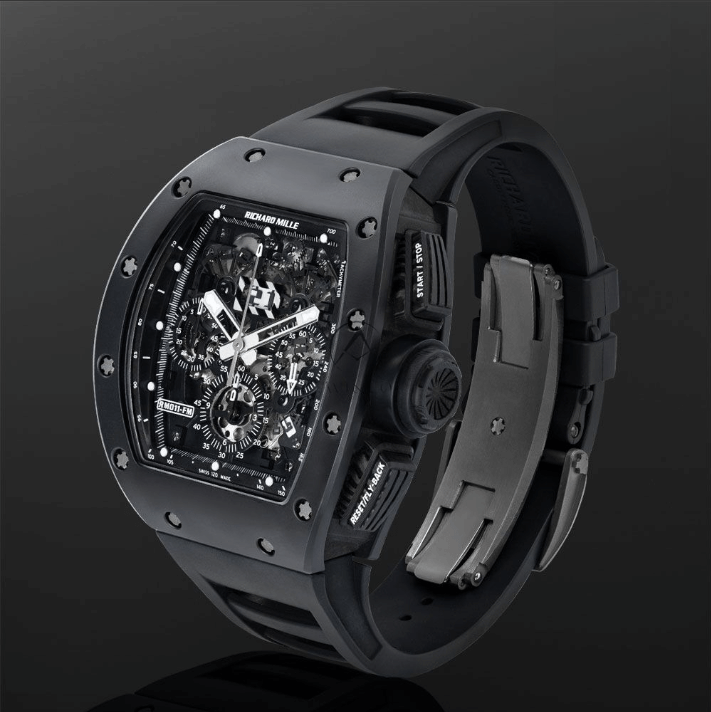 Richard Mille Black Phantom Timepiece with 40 mm Black TPT Quartz Case Displayed on a Black Background.