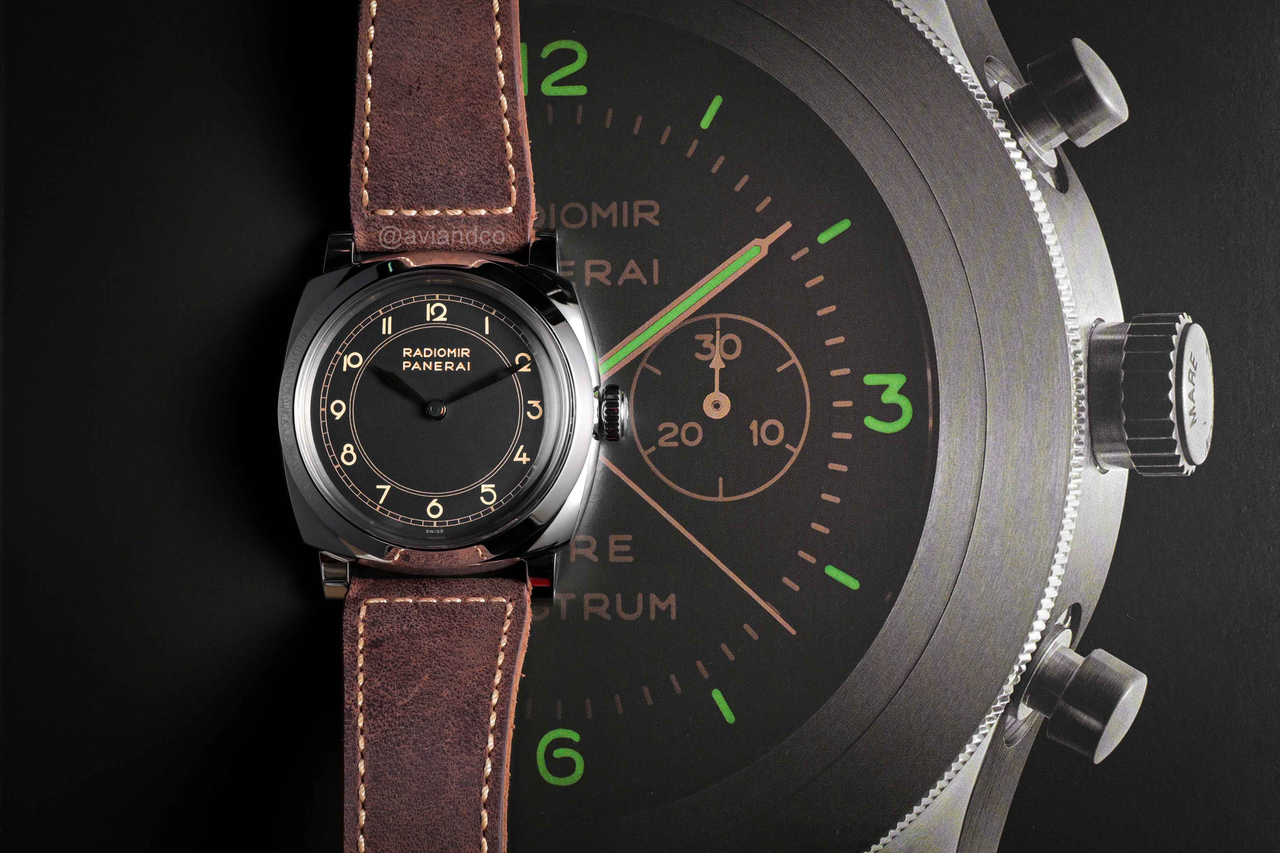 47 mm Stainless Steel Luxury Timepiece with Black Dial, Arabic Numerals, Leather Bracelet, and a Vintage Charm.