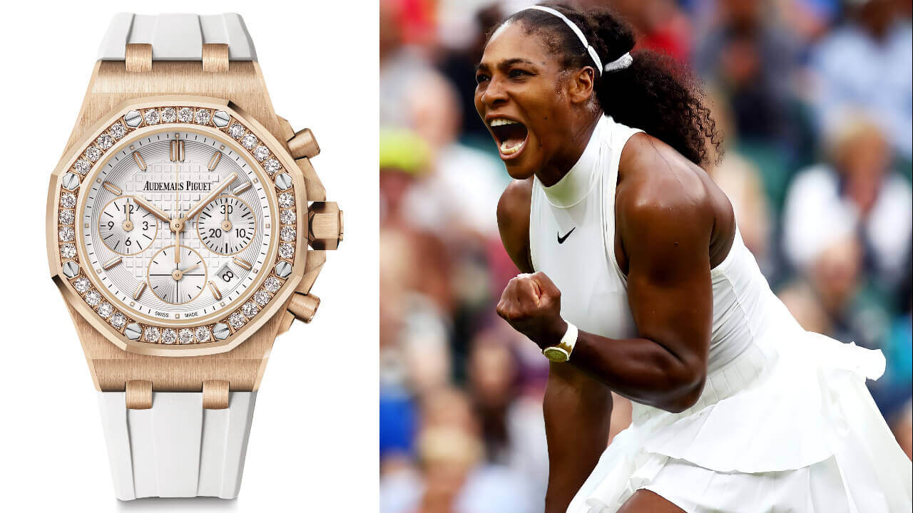 Yellow Gold Diamond-Pave Bezel Timepiece with White Rubber Strap Beside a Photo of Professional Tennis Player Serena Williams Excited After a Win.