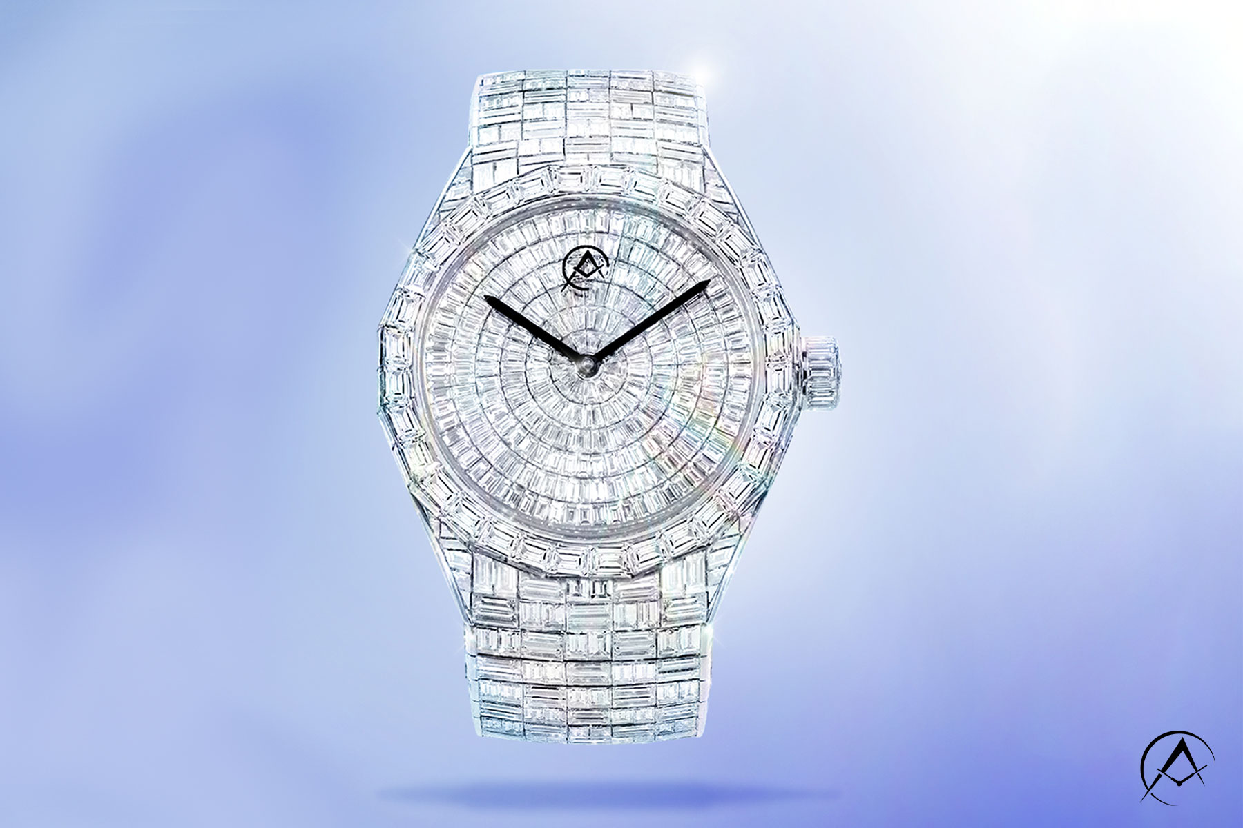 White Gold Iced Out Timepiece from The Iced Collection on a Light Blue Background.