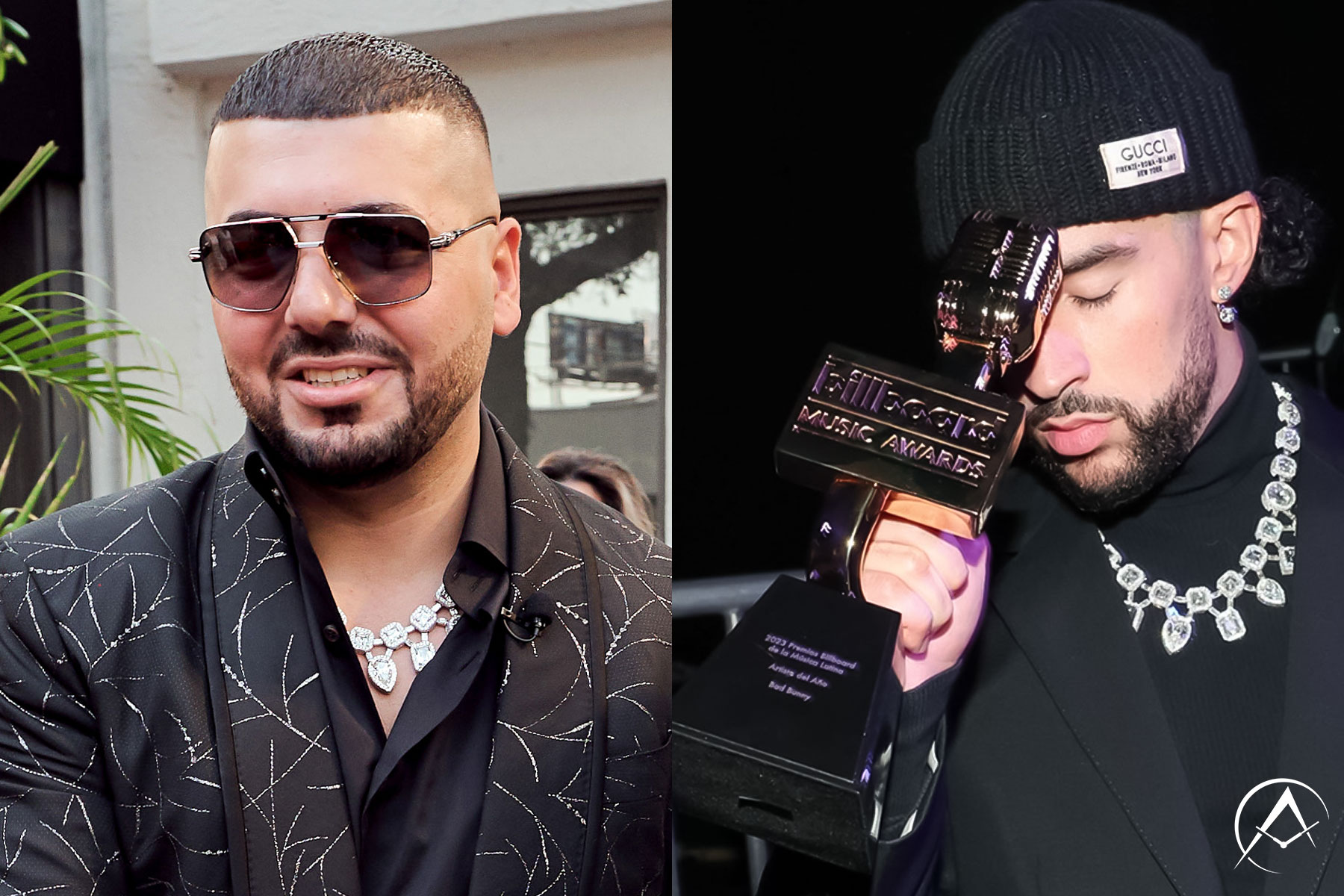 On Left: Man Wearing Black Suit with Sunglasses and Diamond-Pave Crown Chain in Miami’s Design District. On Right: Man Wearing Black Turtleneck with Black Suit Jacket, Black Beanie, and Diamond-Pave Crown Chain Holding a Billboard Music Award for Best Art