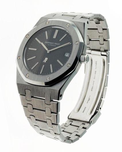 Stainless Steel Audemars Piguet Watch with a Black Dial on a White Background.