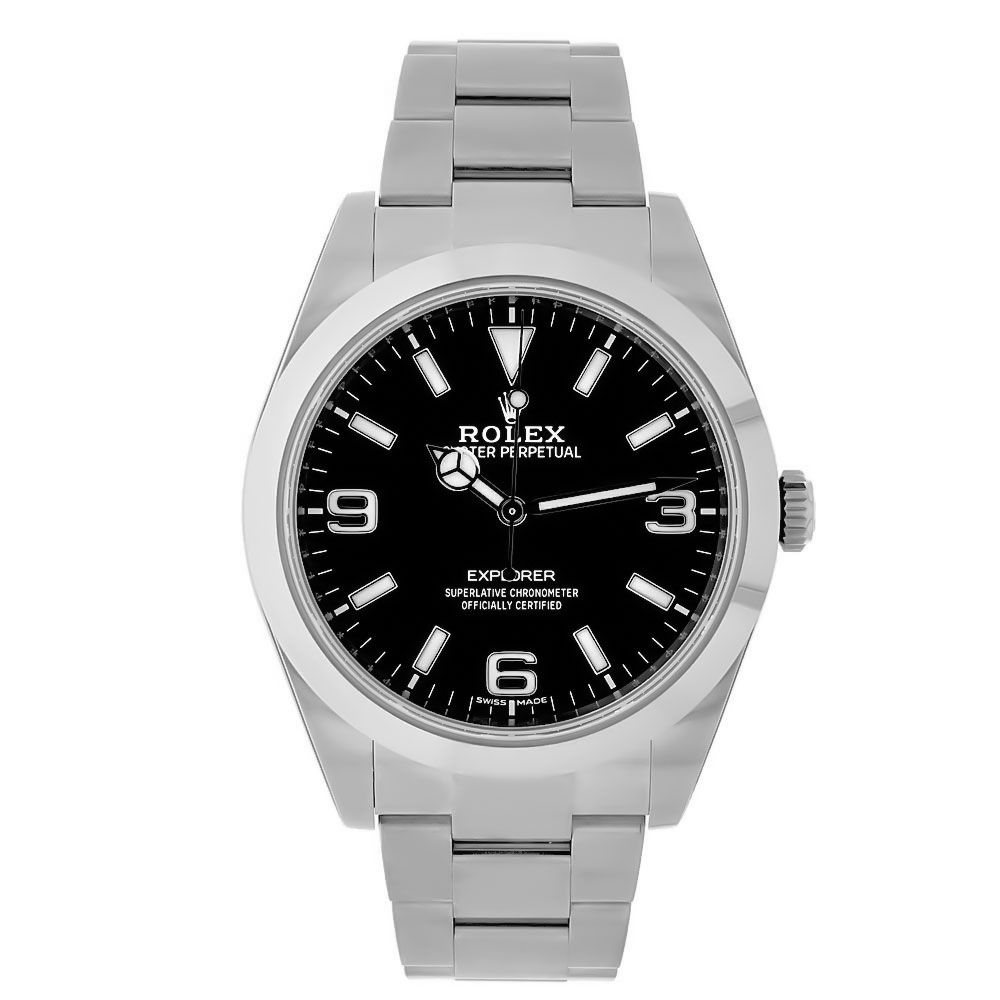 Rolex Explorer Luxury Timepiece with 39 mm Stainless Steel Case, Black Dial, and Smooth Bezel.