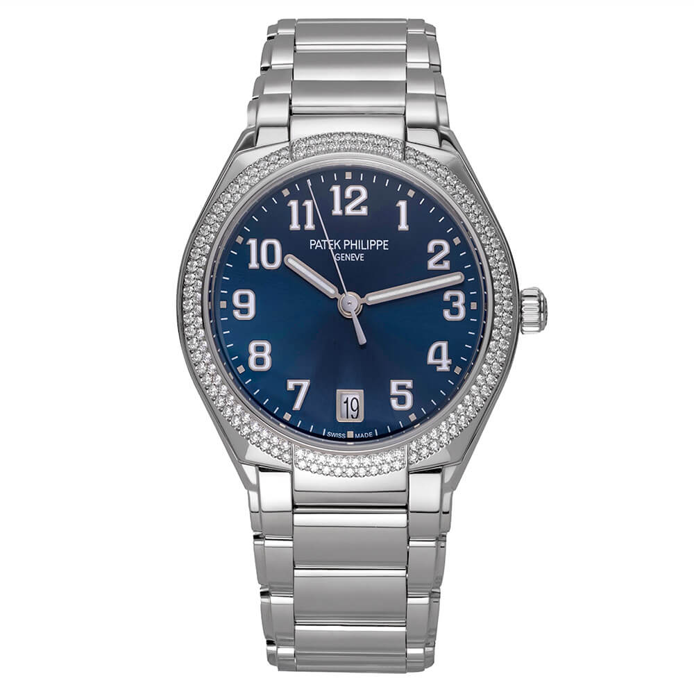 Patek Philippe Twenty-4 Stainless Steel 36 mm Luxury Timepiece with Blue Sunburst Dial, Gem-Set Bezel, and Date Function.