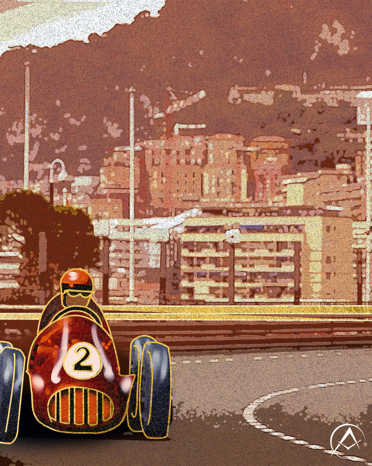 A Racecar Driver in a Red #2 Car on a Highway with Buildings in the Background in a Sepia Color to Represent Patek Philippe’s Grand Prix Calatrava.