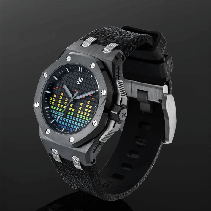 Audemars Piguet Music Edition Timepiece with 37 mm Ceramic Case with Black Rubber Strap Displayed on a Black Background.