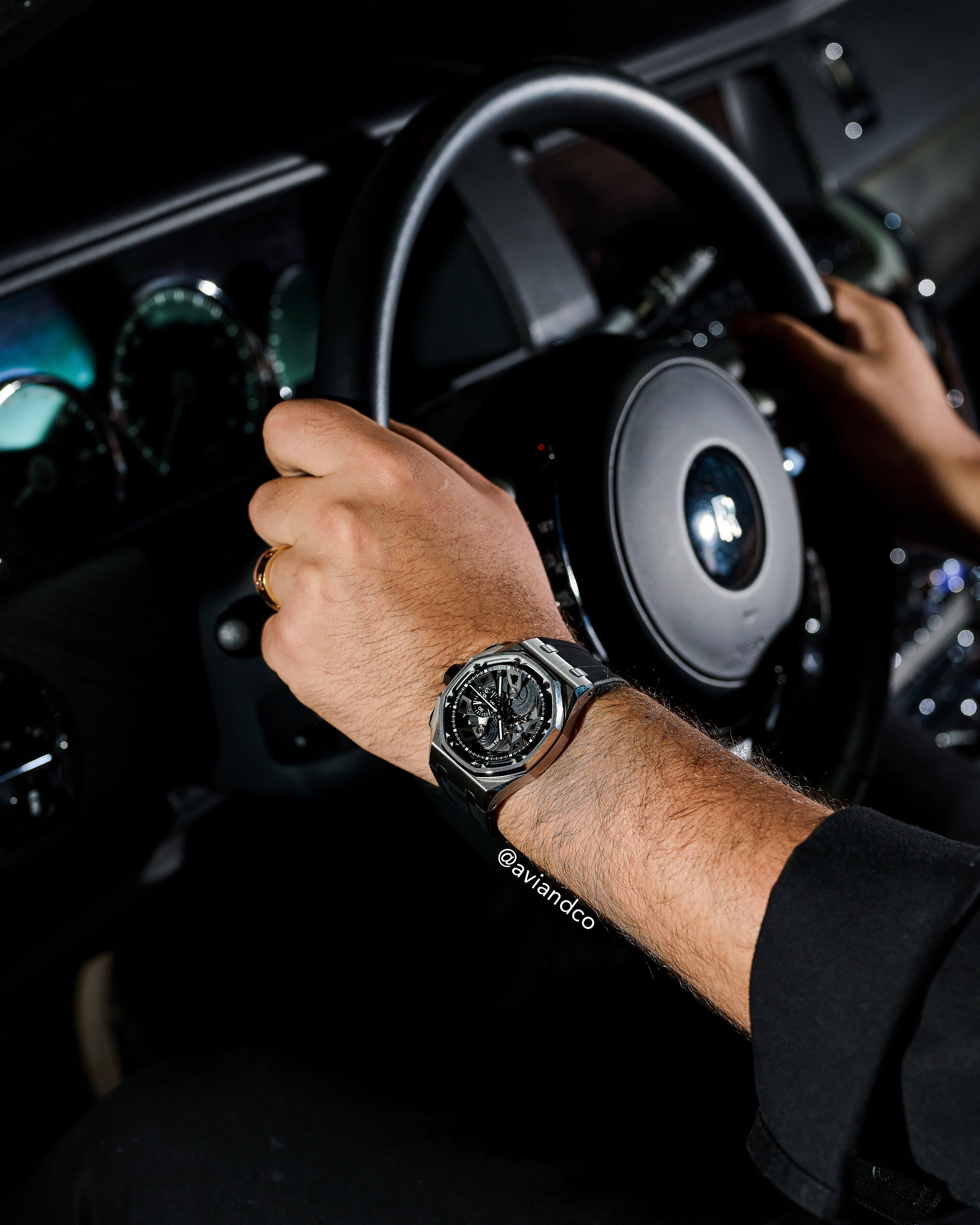 Stainless Steel Audemars Piguet Royal Oak Offshore Tourbillon Chronograph with 45 mm Case, Skeleton Dial, and Black Rubber Bracelet.
