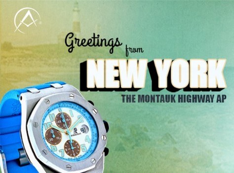 White Dial with Three Brown Dials, Sterling Silver Bezel, and a Blue Rubber Strap on the Background of a Montauk Highway Map.