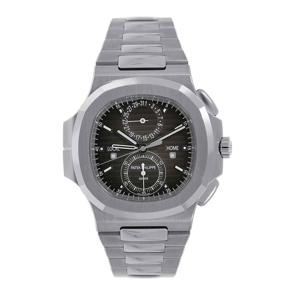Stainless Steel 40 mm Patek Philippe Timepiece with Dual Time Zones on a White Background.