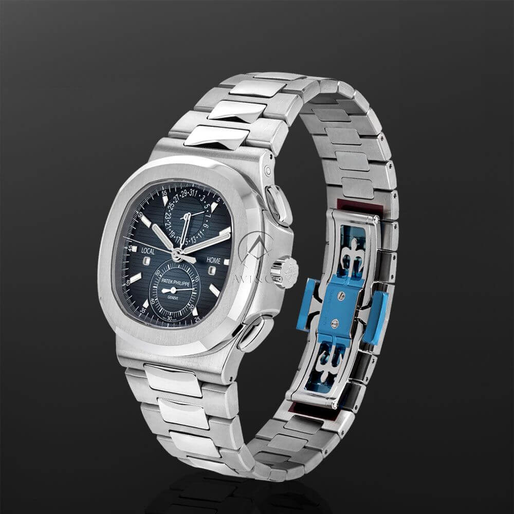 40 mm Stainless Steel Watch with Blue Index Dial and Travel Time.