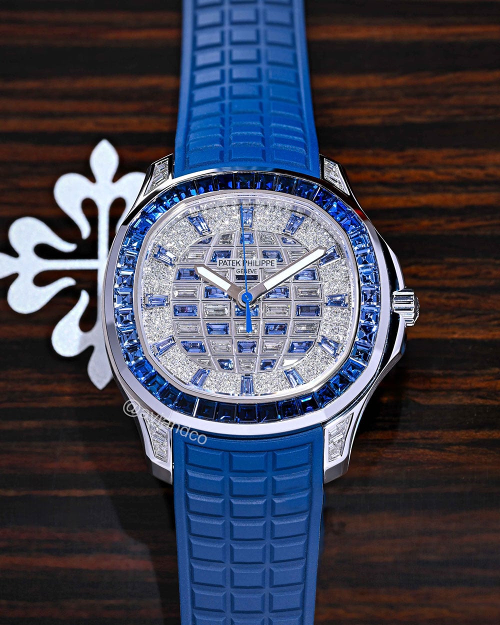 Patek Philippe Aquanaut, 18K White Gold, Blue Sapphire Bezel, Pave Dial