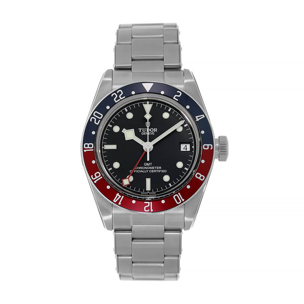 Tudor Black Bay with 41 mm Stainless Steel Case, Black Dial, Red and Blue Bezel, and GMT Function.