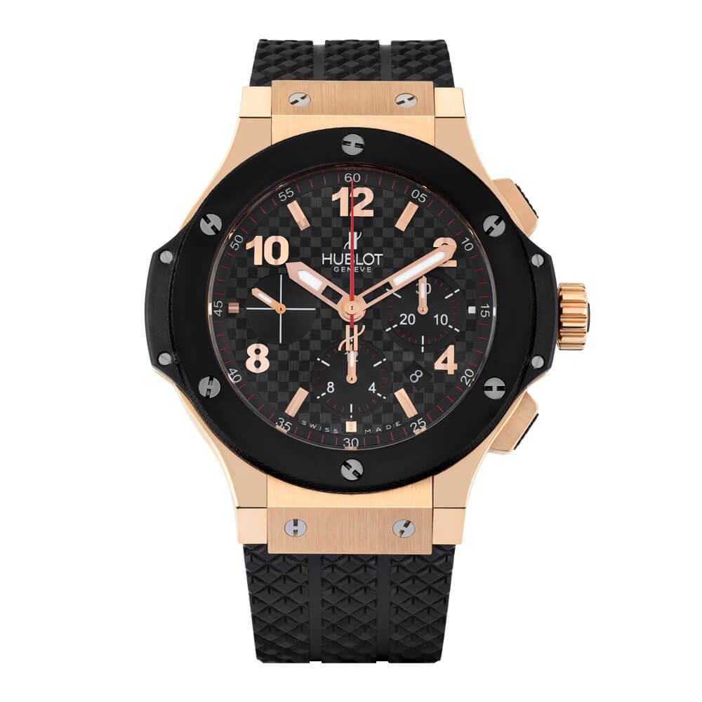 Hublot Big Bang Chronograph with 44 mm Rose Gold Case, Black Dial, Mixed Hour Markers, Black Rubber Strap, and Date Function Perfect for Your Watch Collection.