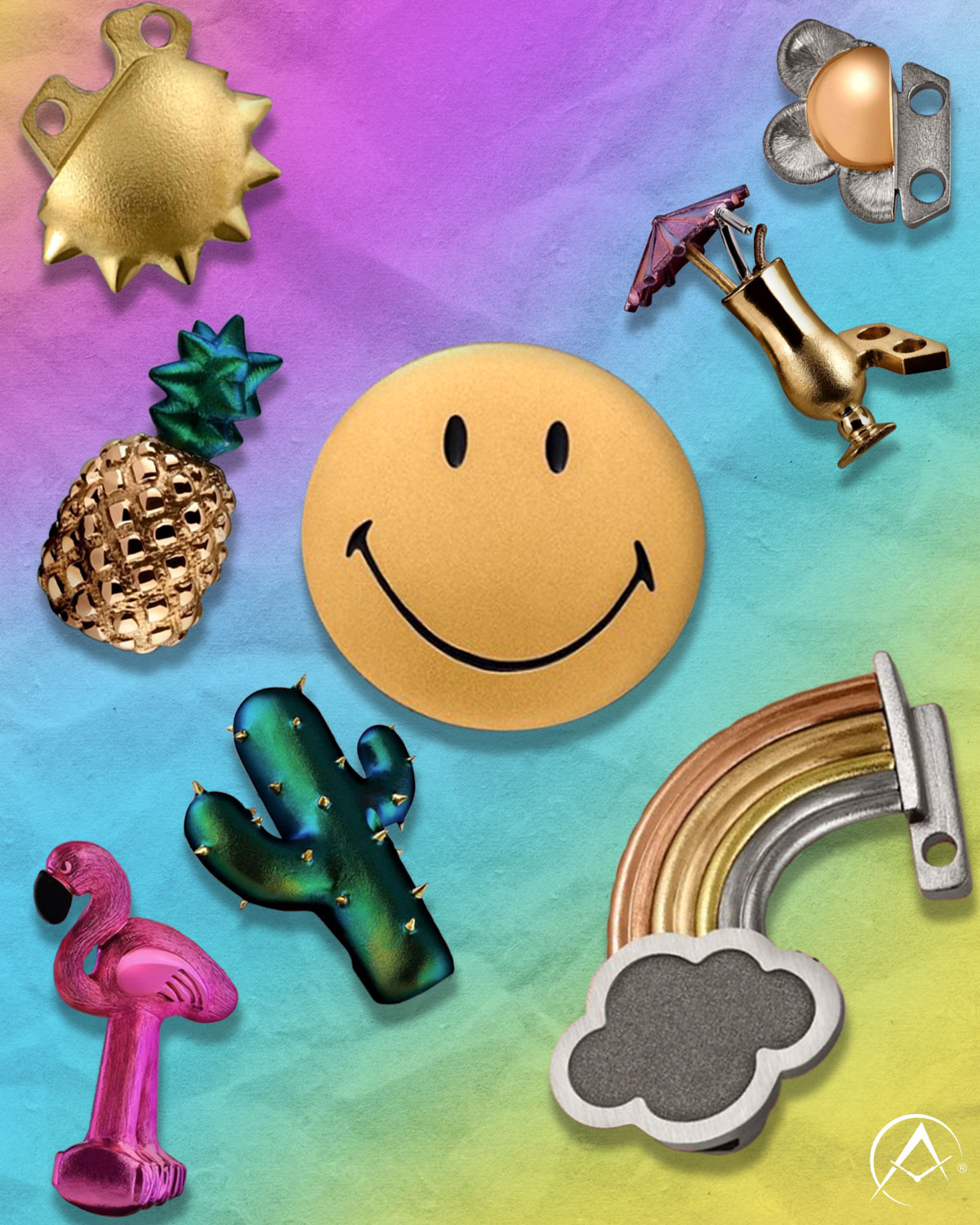 Tiny Charms on a Rainbow Background to Represent Richard Mille’s Smiley Timepiece: Pink Flamingo, Cactus, Rainbow with Cloud, Smiley Face, Pineapple, Sun, Drink, and a Flower.