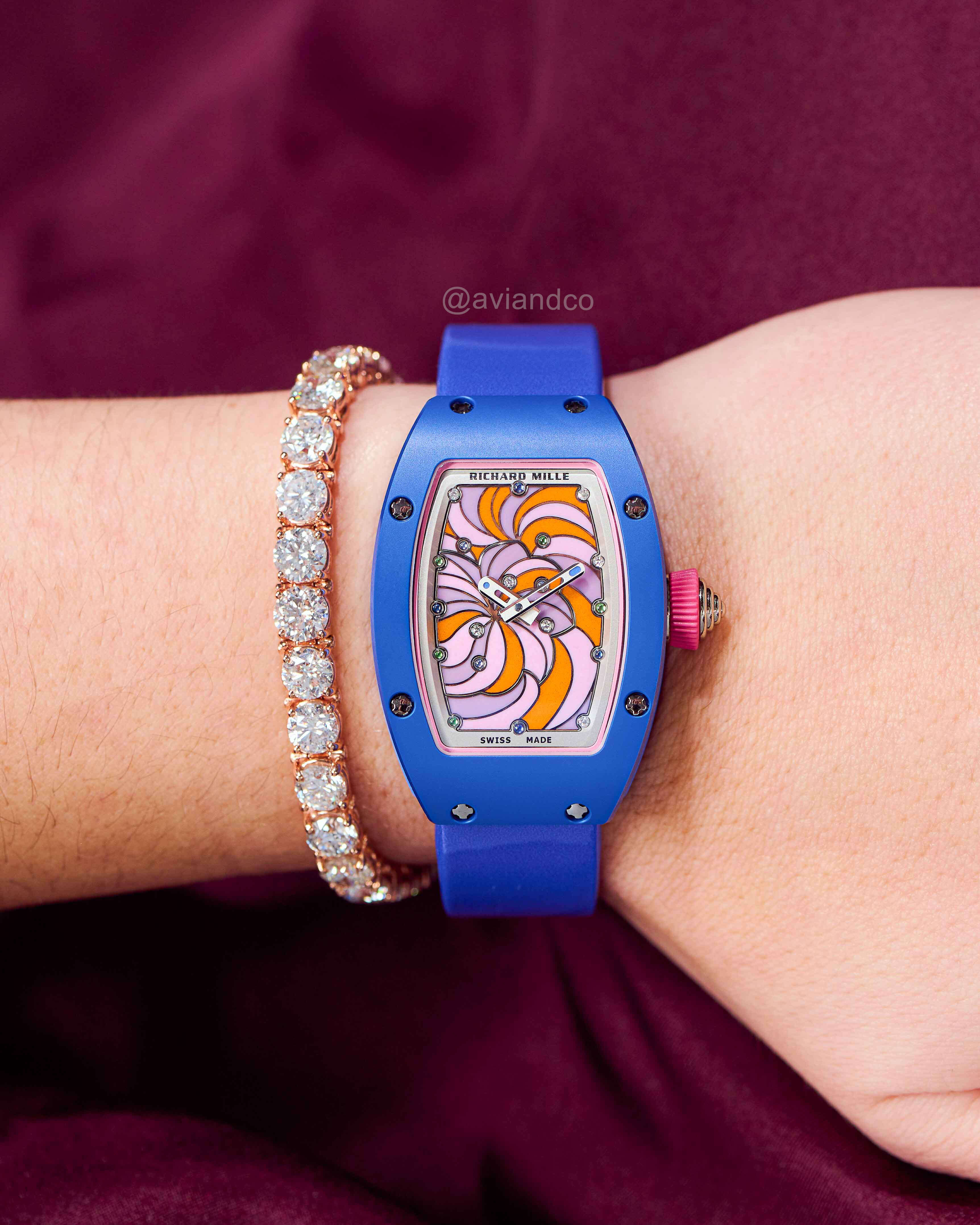 18K White Gold and Ceramic 31 mm Timepiece with Purple Swirl Dial, Diamond Index Hour Markers, and a Cupcake Crown.